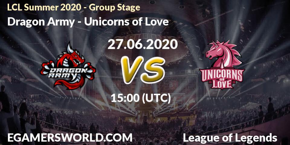 Pronósticos Dragon Army - Unicorns of Love. 27.06.2020 at 15:00. LCL Summer 2020 - Group Stage - LoL