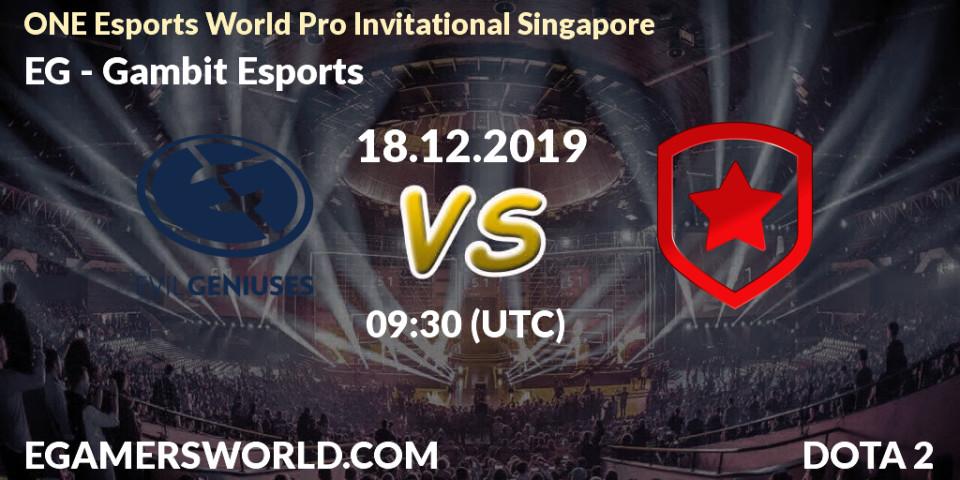 Pronósticos EG - Gambit Esports. 18.12.2019 at 08:00. ONE Esports World Pro Invitational Singapore - Dota 2