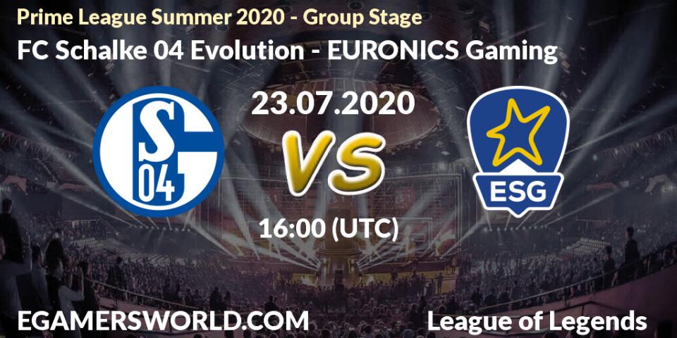 Pronósticos FC Schalke 04 Evolution - EURONICS Gaming. 23.07.20. Prime League Summer 2020 - Group Stage - LoL