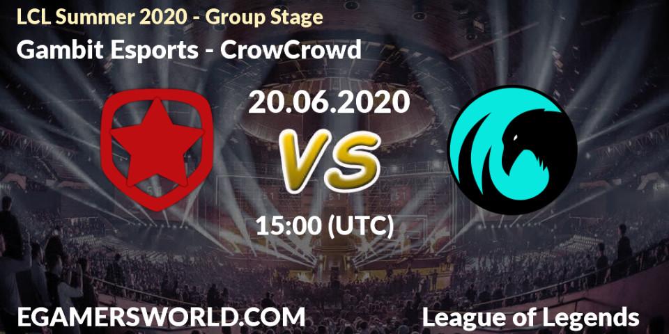 Pronósticos Gambit Esports - CrowCrowd. 20.06.2020 at 15:00. LCL Summer 2020 - Group Stage - LoL