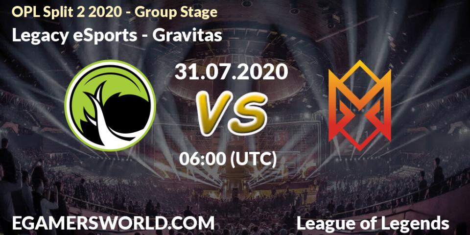 Pronósticos Legacy eSports - Gravitas. 31.07.2020 at 07:00. OPL Split 2 2020 - Group Stage - LoL