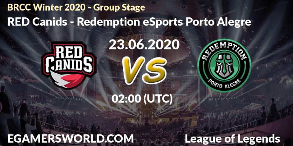 Pronósticos RED Canids - Redemption eSports Porto Alegre. 23.06.2020 at 02:00. BRCC Winter 2020 - Group Stage - LoL