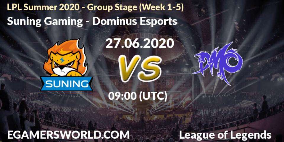 Pronósticos Suning Gaming - Dominus Esports. 27.06.2020 at 09:15. LPL Summer 2020 - Group Stage (Week 1-5) - LoL