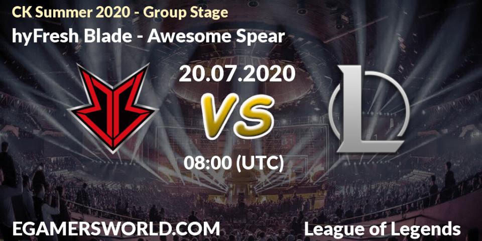 Pronósticos hyFresh Blade - Awesome Spear. 20.07.2020 at 07:47. CK Summer 2020 - Group Stage - LoL