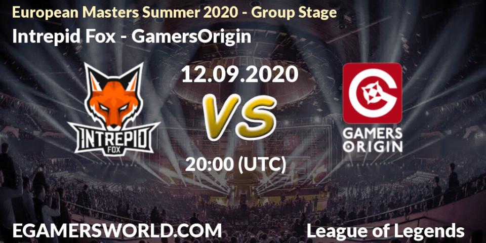Pronósticos Intrepid Fox - GamersOrigin. 12.09.2020 at 20:00. European Masters Summer 2020 - Group Stage - LoL