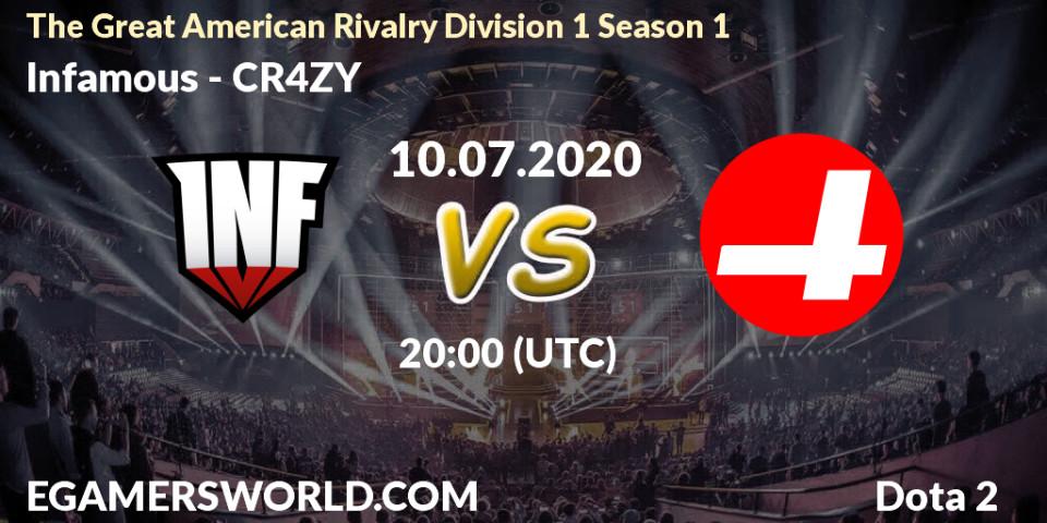 Pronósticos Infamous - CR4ZY. 10.07.2020 at 20:09. The Great American Rivalry Division 1 Season 1 - Dota 2