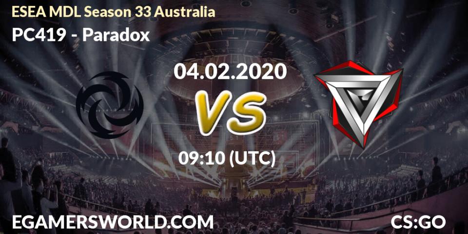 Pronósticos PC419 - Paradox. 04.02.2020 at 09:10. ESEA MDL Season 33 Australia - Counter-Strike (CS2)