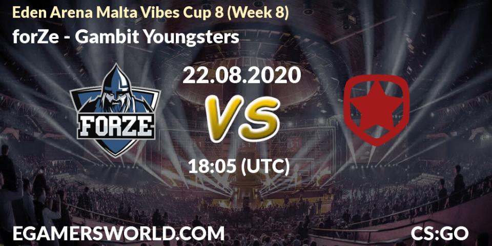 Pronósticos forZe - Gambit Youngsters. 22.08.20. Eden Arena Malta Vibes Cup 8 (Week 8) - CS2 (CS:GO)