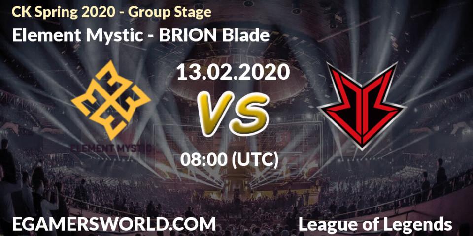Pronósticos Element Mystic - BRION Blade. 13.02.2020 at 07:44. CK Spring 2020 - Group Stage - LoL