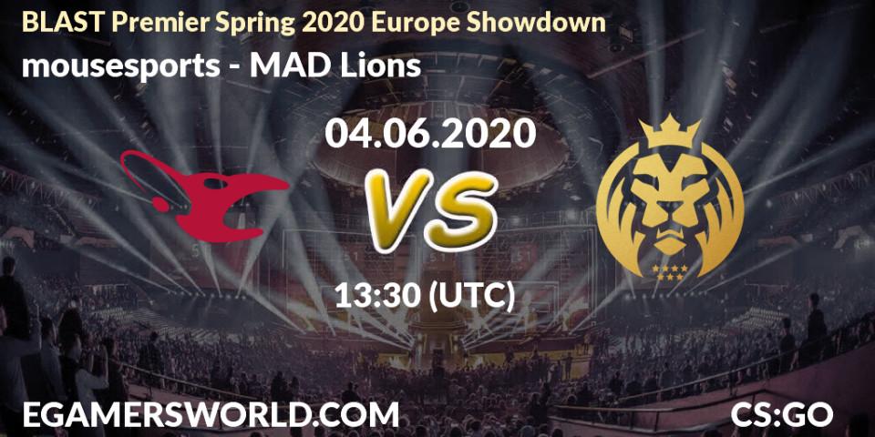 Pronósticos mousesports - MAD Lions. 04.06.2020 at 13:30. BLAST Premier Spring 2020 Europe Showdown - Counter-Strike (CS2)