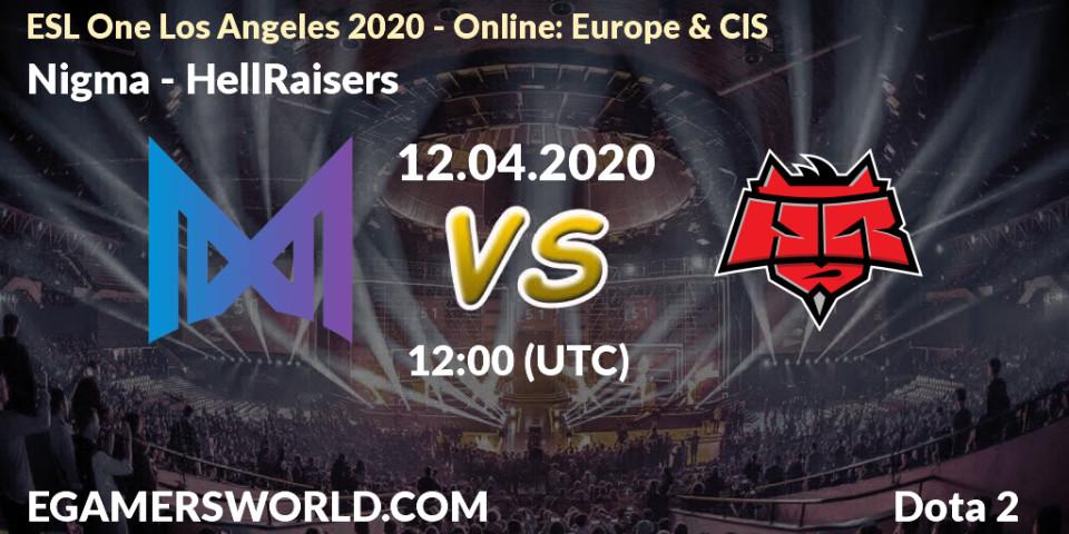 Pronósticos Nigma - HellRaisers. 12.04.2020 at 12:03. ESL One Los Angeles 2020 - Online: Europe & CIS - Dota 2