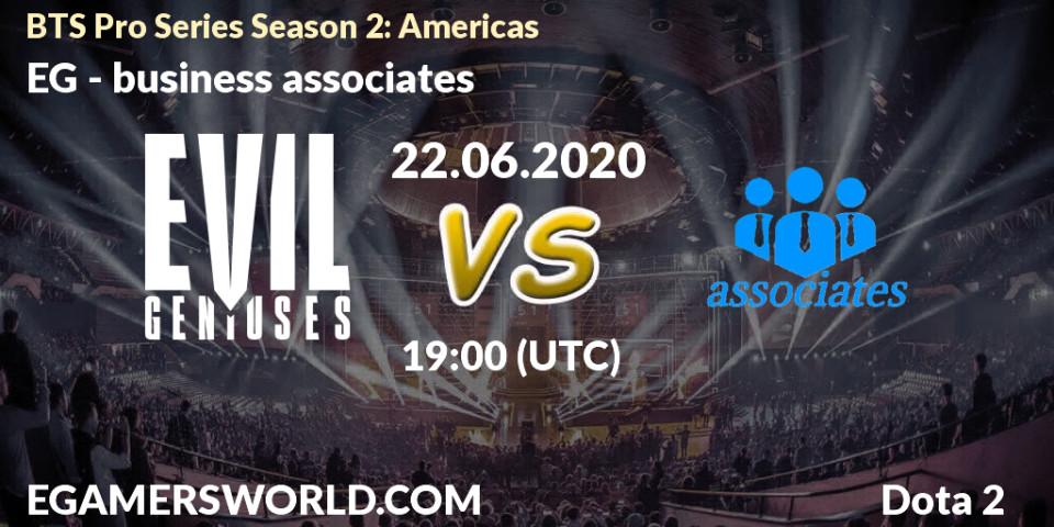 Pronósticos EG - business associates. 22.06.2020 at 19:00. BTS Pro Series Season 2: Americas - Dota 2
