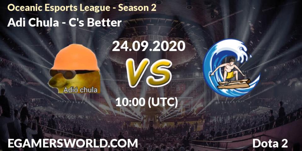 Pronósticos Adió Chula - C's Better. 24.09.2020 at 10:05. Oceanic Esports League - Season 2 - Dota 2