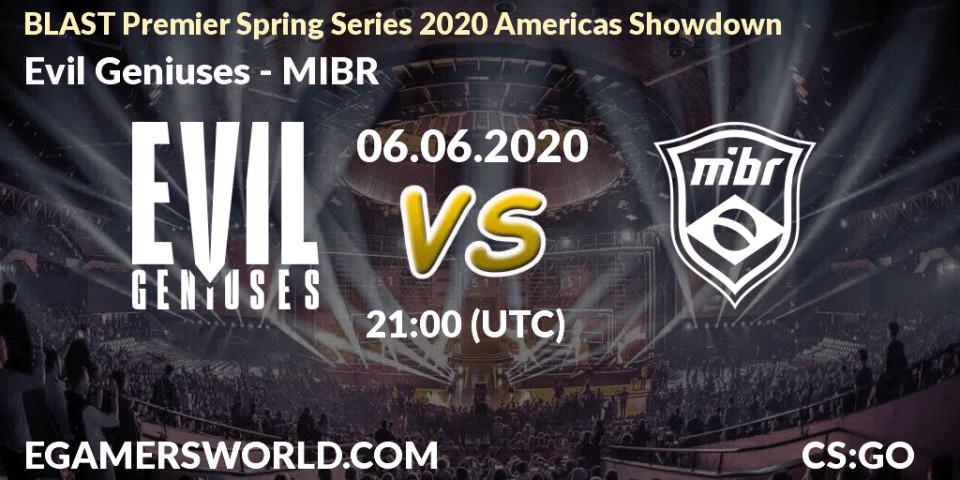 Pronósticos Evil Geniuses - MIBR. 06.06.2020 at 20:05. BLAST Premier Spring Series 2020 Americas Showdown - Counter-Strike (CS2)