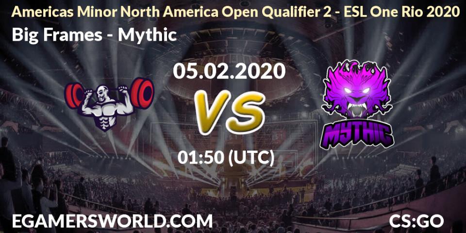Pronósticos Big Frames - Mythic. 05.02.2020 at 01:50. Americas Minor North America Open Qualifier 2 - ESL One Rio 2020 - Counter-Strike (CS2)