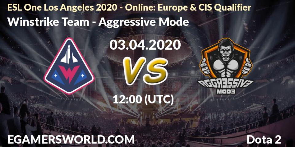 Pronósticos Winstrike Team - Aggressive Mode. 03.04.2020 at 12:05. ESL One Los Angeles 2020 - Online: Europe & CIS Qualifier - Dota 2