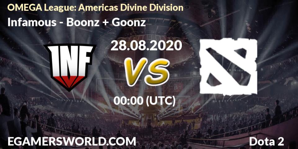 Pronósticos Infamous - Boonz + Goonz. 28.08.2020 at 00:17. OMEGA League: Americas Divine Division - Dota 2