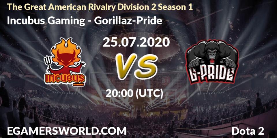 Pronósticos Incubus Gaming - Gorillaz-Pride. 25.07.2020 at 20:45. The Great American Rivalry Division 2 Season 1 - Dota 2
