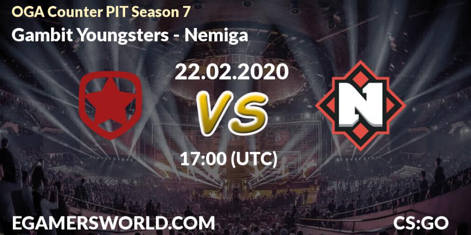 Pronósticos Gambit Youngsters - Nemiga. 22.02.2020 at 17:10. OGA Counter PIT Season 7 - Counter-Strike (CS2)