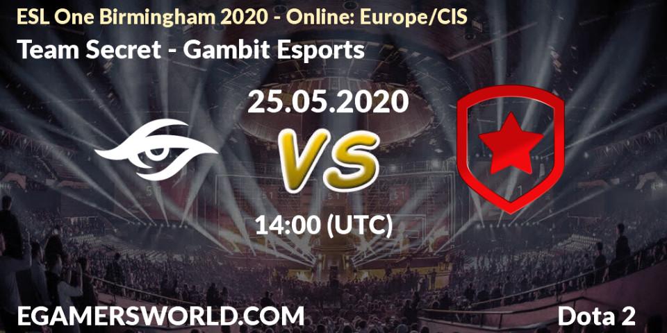 Pronósticos Team Secret - Gambit Esports. 25.05.20. ESL One Birmingham 2020 - Online: Europe/CIS - Dota 2