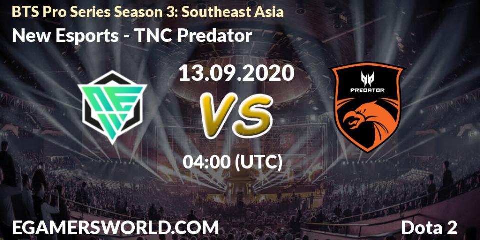 Pronósticos New Esports - TNC Predator. 13.09.2020 at 04:00. BTS Pro Series Season 3: Southeast Asia - Dota 2