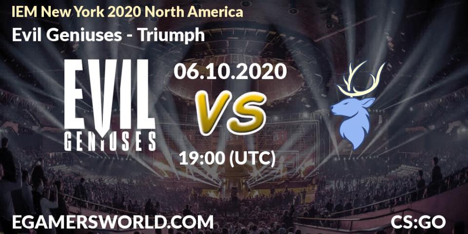 Pronósticos Evil Geniuses - Triumph. 06.10.2020 at 19:00. IEM New York 2020 North America - Counter-Strike (CS2)