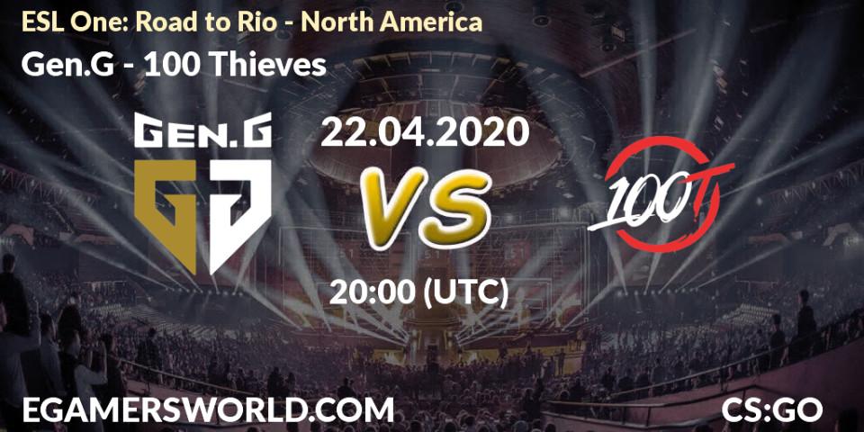 Pronósticos Gen.G - 100 Thieves. 22.04.2020 at 20:40. ESL One: Road to Rio - North America - Counter-Strike (CS2)