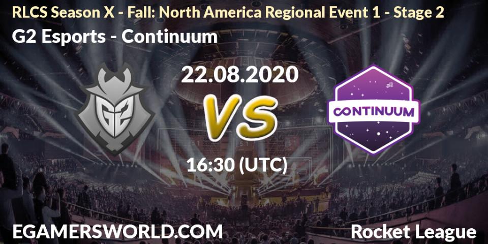 Pronósticos G2 Esports - Continuum. 22.08.2020 at 16:30. RLCS Season X - Fall: North America Regional Event 1 - Stage 2 - Rocket League