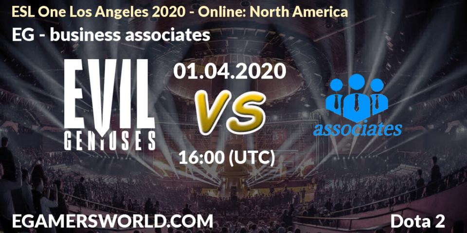 Pronósticos EG - business associates. 01.04.2020 at 16:21. ESL One Los Angeles 2020 - Online: North America - Dota 2