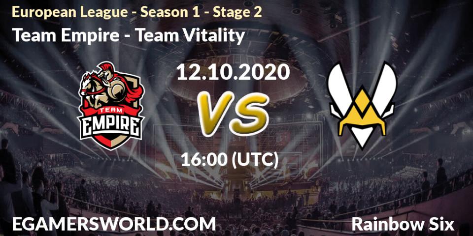 Pronósticos Team Empire - Team Vitality. 12.10.2020 at 16:00. European League - Season 1 - Stage 2 - Rainbow Six