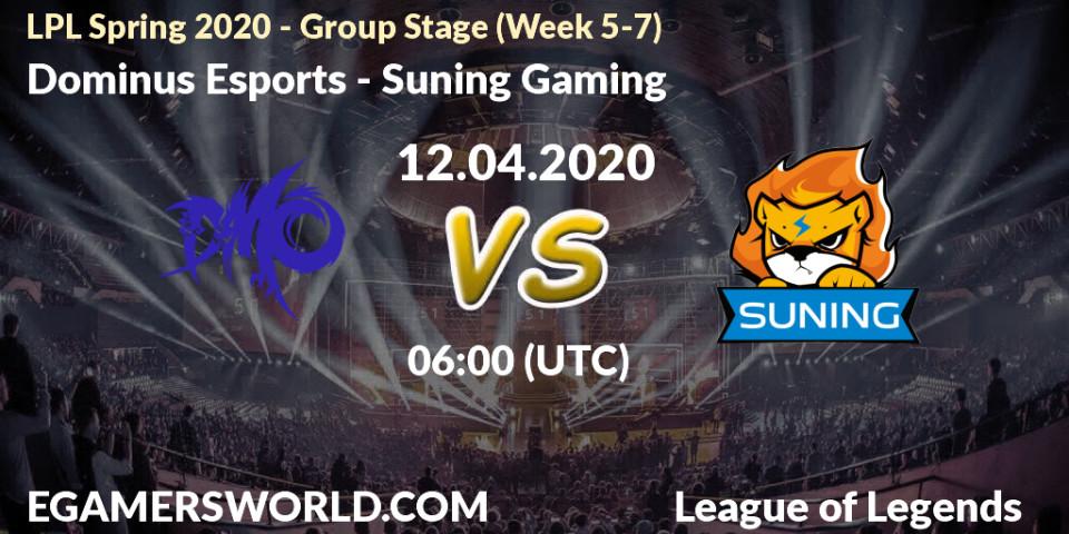 Pronósticos Dominus Esports - Suning Gaming. 12.04.2020 at 06:00. LPL Spring 2020 - Group Stage (Week 5-7) - LoL