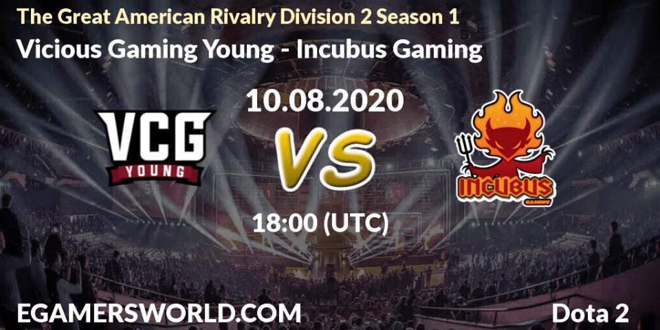 Pronósticos Vicious Gaming Young - Incubus Gaming. 10.08.2020 at 18:10. The Great American Rivalry Division 2 Season 1 - Dota 2