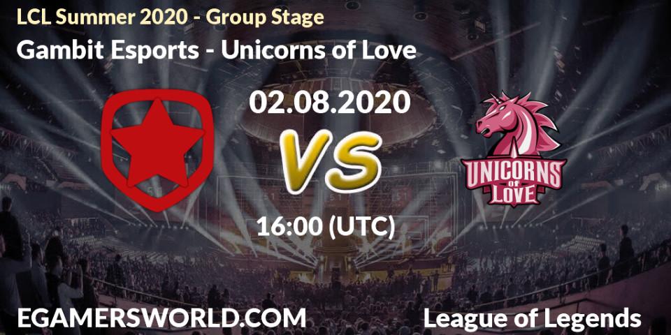 Pronósticos Gambit Esports - Unicorns of Love. 02.08.2020 at 16:10. LCL Summer 2020 - Group Stage - LoL