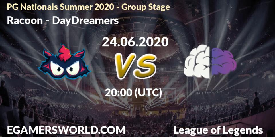 Pronósticos Racoon - DayDreamers. 24.06.2020 at 19:45. PG Nationals Summer 2020 - Group Stage - LoL