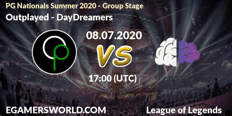Pronósticos Outplayed - DayDreamers. 08.07.2020 at 17:00. PG Nationals Summer 2020 - Group Stage - LoL