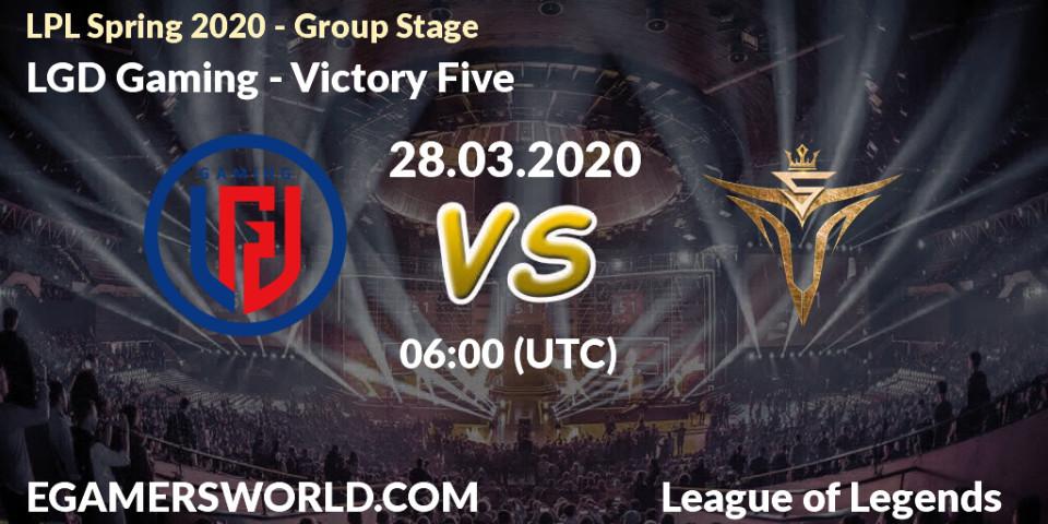 Pronósticos LGD Gaming - Victory Five. 28.03.2020 at 06:00. LPL Spring 2020 - Group Stage (Week 1-4) - LoL