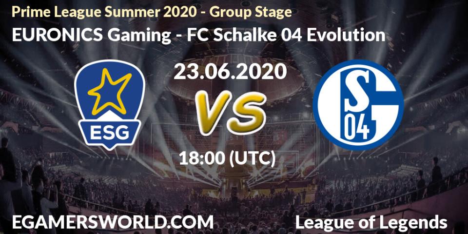 Pronósticos EURONICS Gaming - FC Schalke 04 Evolution. 23.06.2020 at 19:00. Prime League Summer 2020 - Group Stage - LoL