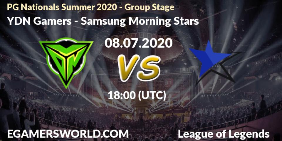 Pronósticos YDN Gamers - Samsung Morning Stars. 08.07.2020 at 18:00. PG Nationals Summer 2020 - Group Stage - LoL