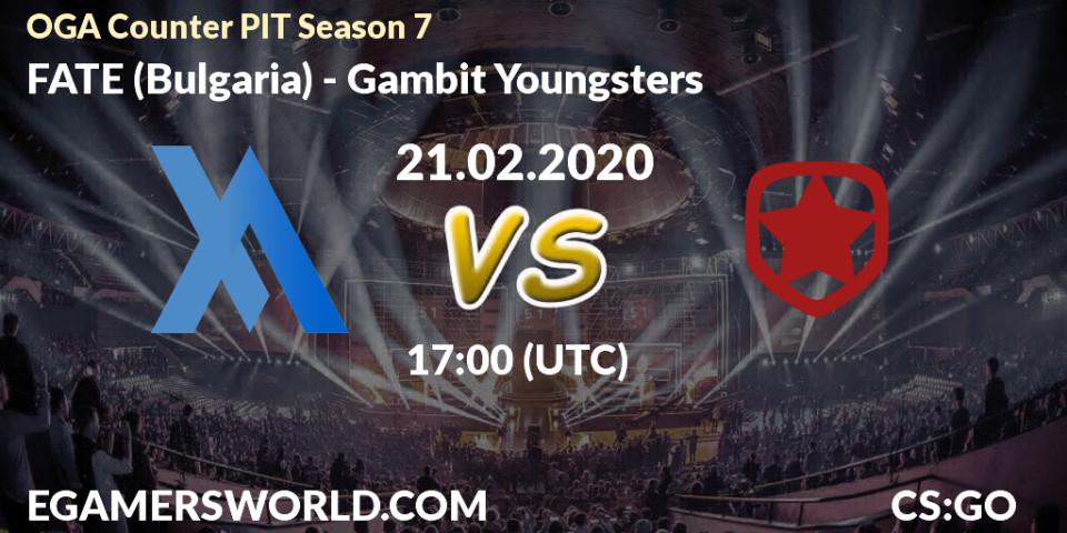 Pronósticos FATE (Bulgaria) - Gambit Youngsters. 21.02.2020 at 17:00. OGA Counter PIT Season 7 - Counter-Strike (CS2)
