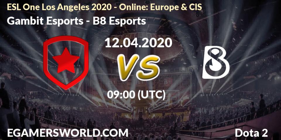 Pronósticos Gambit Esports - B8 Esports. 12.04.2020 at 09:00. ESL One Los Angeles 2020 - Online: Europe & CIS - Dota 2