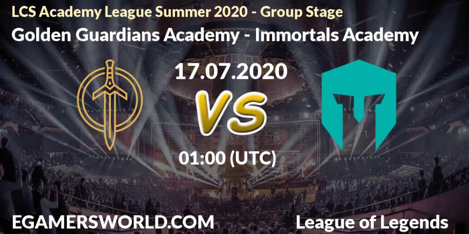 Pronósticos Golden Guardians Academy - Immortals Academy. 17.07.2020 at 01:00. LCS Academy League Summer 2020 - Group Stage - LoL
