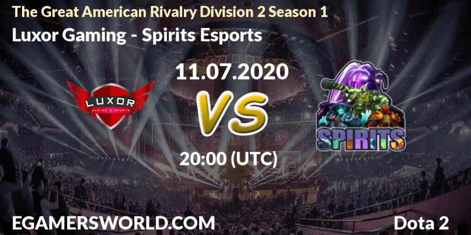 Pronósticos Luxor Gaming - Spirits Esports. 11.07.2020 at 20:10. The Great American Rivalry Division 2 Season 1 - Dota 2
