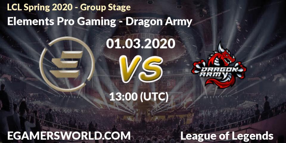 Pronósticos Elements Pro Gaming - Dragon Army. 01.03.2020 at 13:00. LCL Spring 2020 - Group Stage - LoL