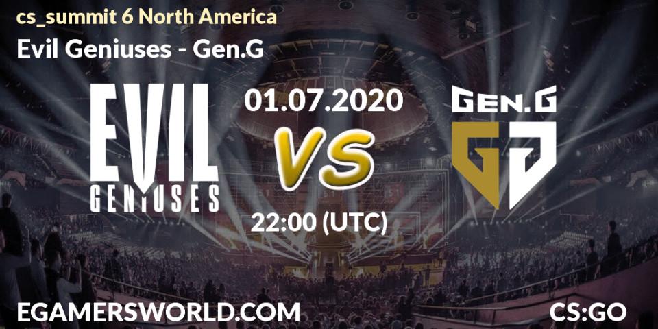 Pronósticos Evil Geniuses - Gen.G. 01.07.2020 at 22:00. cs_summit 6 North America - Counter-Strike (CS2)
