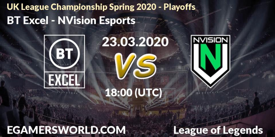 Pronósticos BT Excel - NVision Esports. 23.03.2020 at 17:16. UK League Championship Spring 2020 - Playoffs - LoL