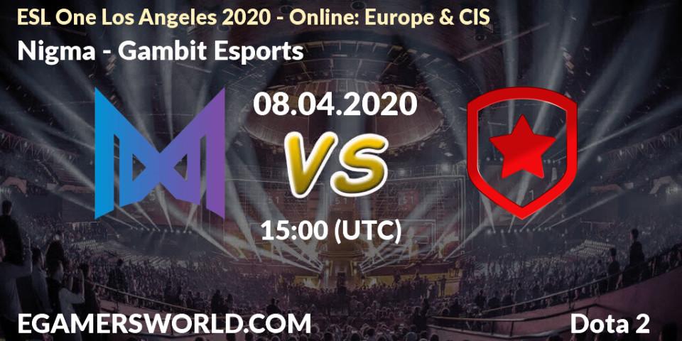 Pronósticos Nigma - Gambit Esports. 08.04.20. ESL One Los Angeles 2020 - Online: Europe & CIS - Dota 2