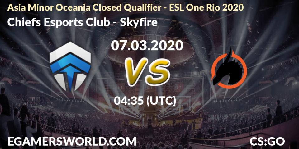 Pronósticos Chiefs Esports Club - Skyfire. 07.03.2020 at 04:35. Asia Minor Oceania Closed Qualifier - ESL One Rio 2020 - Counter-Strike (CS2)