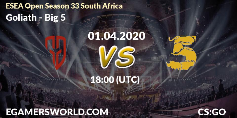Pronósticos Goliath - Big 5. 01.04.2020 at 18:00. ESEA Open Season 33 South Africa - Counter-Strike (CS2)