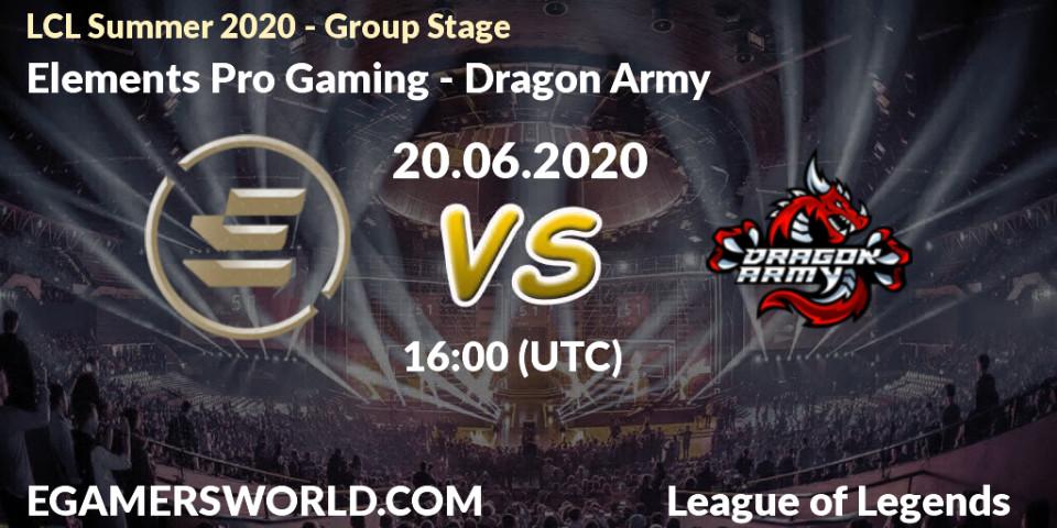 Pronósticos Elements Pro Gaming - Dragon Army. 20.06.2020 at 16:00. LCL Summer 2020 - Group Stage - LoL