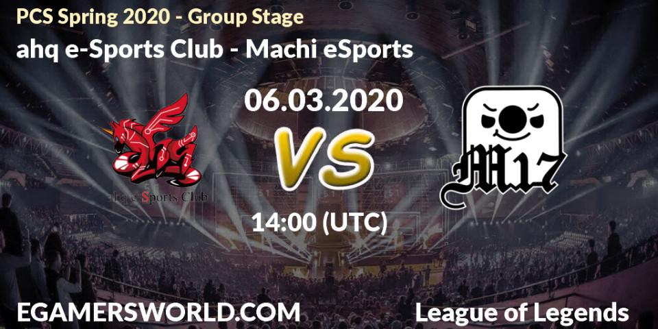 Pronósticos ahq e-Sports Club - Machi eSports. 06.03.2020 at 14:55. PCS Spring 2020 - Group Stage - LoL